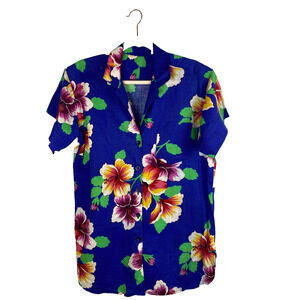 Vintage Handmade Hawaiian Shirt Sz M Blue Floral Cotton Lightweight